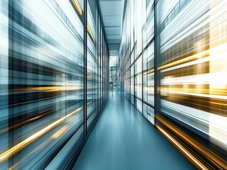 futuristic high-speed motion blur effect in a modern glass corridor creating a sense of acceleration and dynamic energy