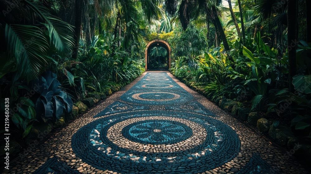 Poster intricate garden path with soft light and textured details