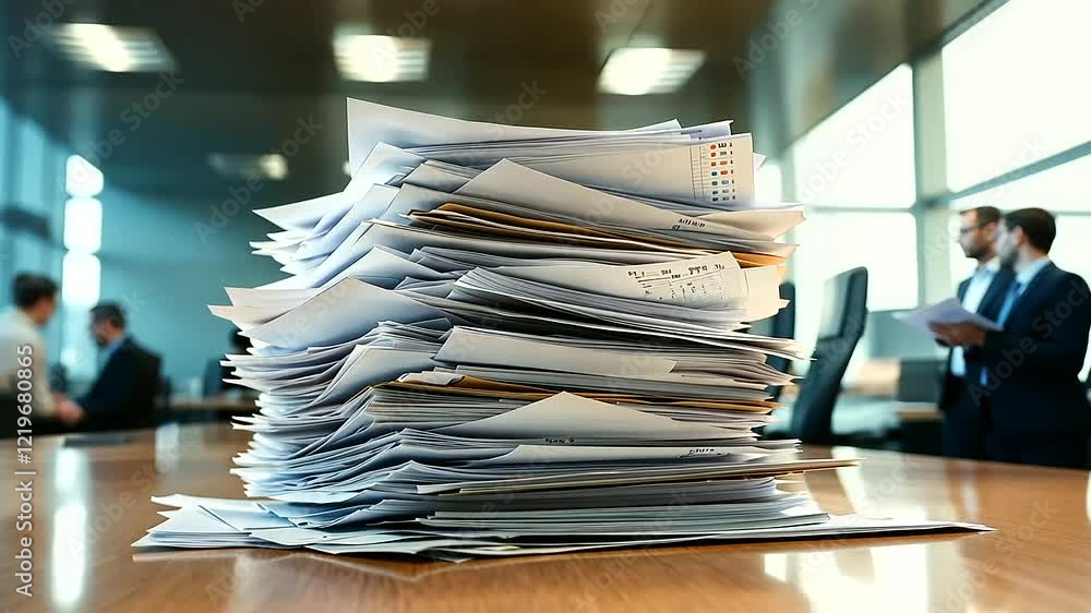 Poster a tidy stack of business documents filled with charts and graphs resting on a modern office table, w