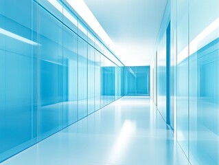 futuristic glass corridor with sleek blue reflective surfaces and bright linear lighting creating a modern and high-tech ambiance