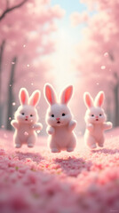 Fototapeta premium Bunny Joyful Dance: Pastel pink bunnies playfully leap through a dreamy, motion-blurred spring landscape, radiating charm and lively energy in soft, enchanting colors.