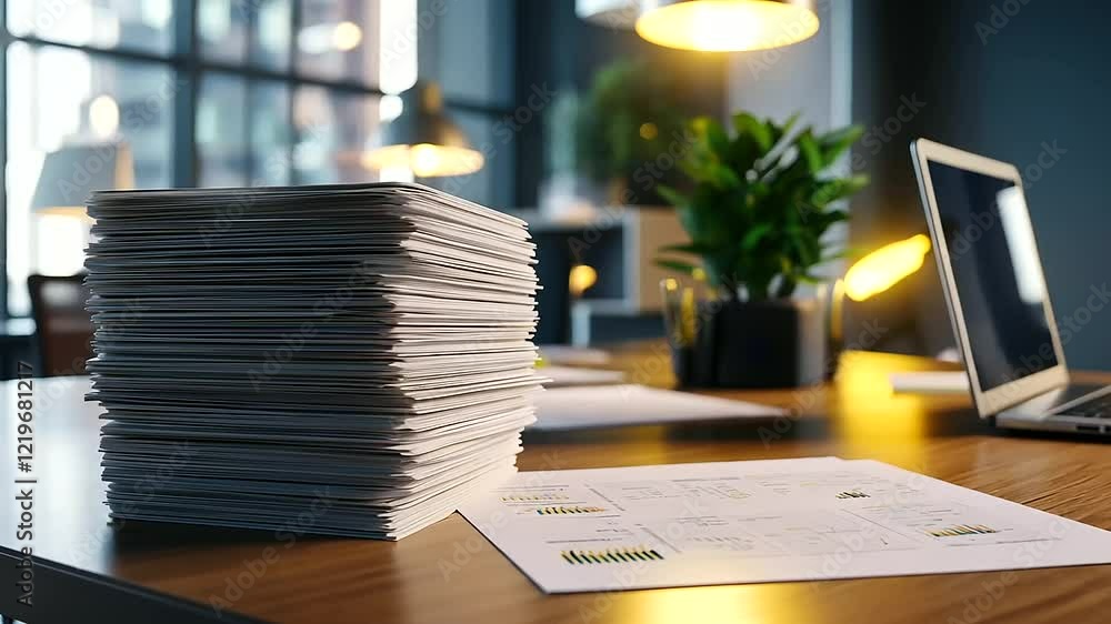 Poster a focused shot of stacked documents filled with data visualizations on a tidy desk, with an open off