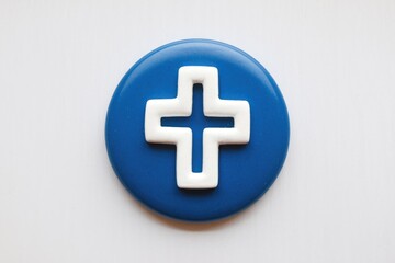 Obraz premium A blue circular badge features a white cross in its center. Simple, religious symbol.
