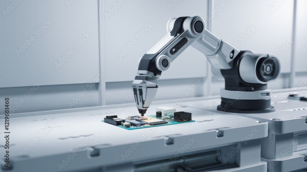 Poster A robotic arm precisely assembles a circuit board in a cleanroom environment, showcasing automation in electronics manufacturing.