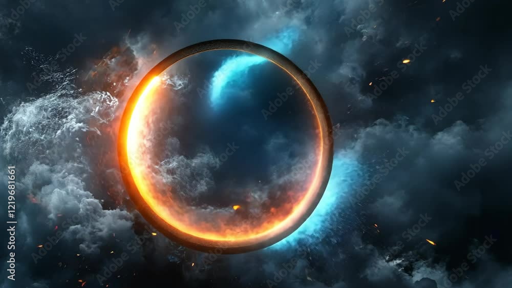 Aufkleber cosmic circle of light emerges amid swirling dark clouds and glowing particles in a mesmerizing disp