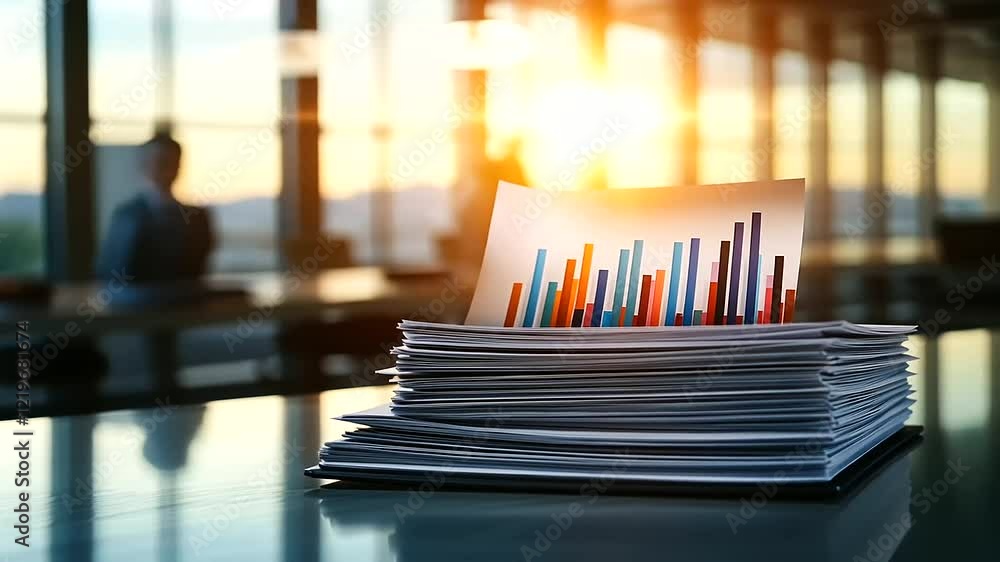 Poster stacked business documents filled with colorful graphs rest on a clean desk, with a backdrop of blur