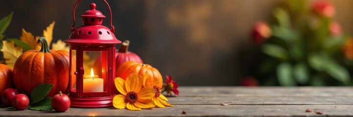 Colorful red lantern with floral arrangements on a wooden table, floral arrangements, fall decorations