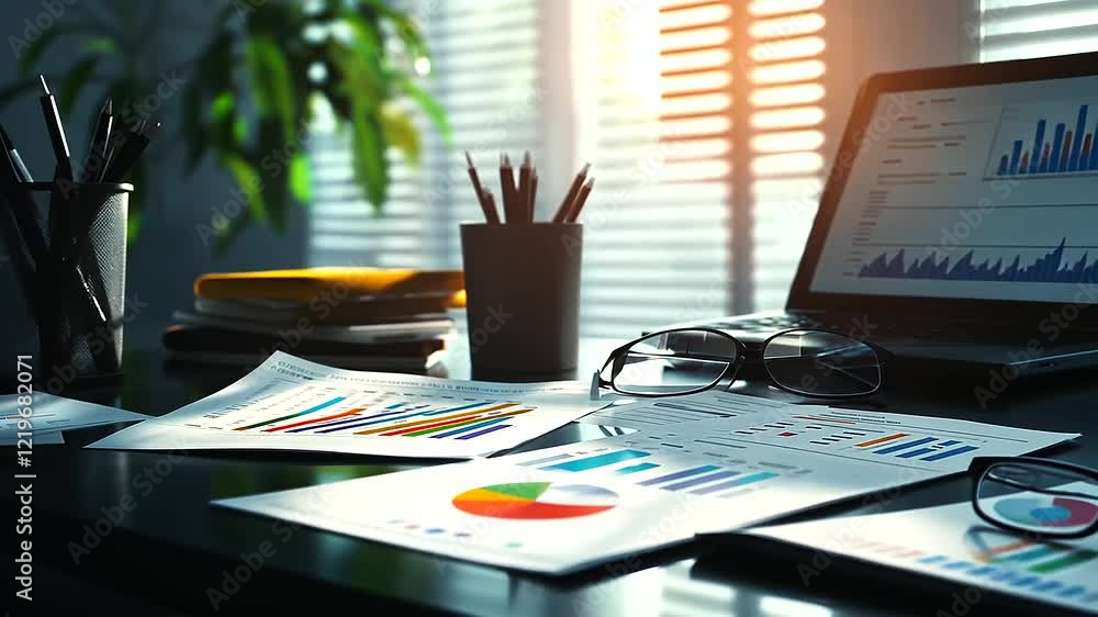 Poster a tidy arrangement of financial documents filled with graphs and charts sits on a desk, with the sil