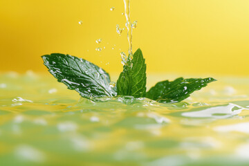 Fresh mint leaves emerge as water cascades gracefully down, creating a refreshing atmosphere of nature and revitalization in a bright yellow backdrop