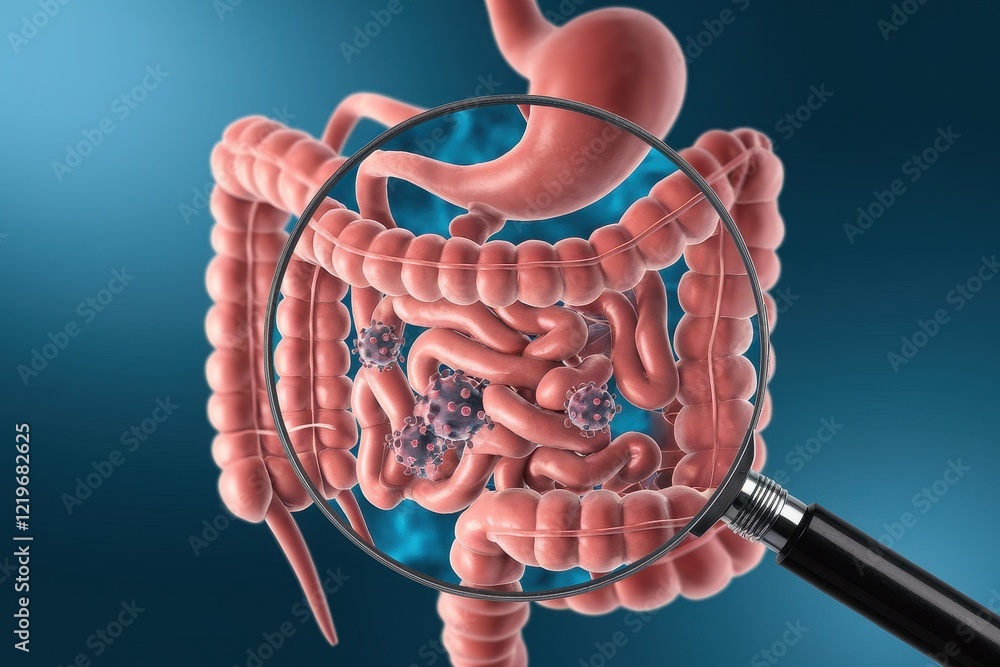 Aufkleber intestinal microbiome under magnification: a 3d rendering of the digestive system with viruses