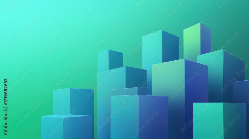 Poster gradient green and blue 3d geometric blocks arranged in a stylized representation of a city skyline 