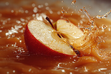 Fresh apple slices create a splash in caramel syrup under bright kitchen lights during a lively autumn gathering