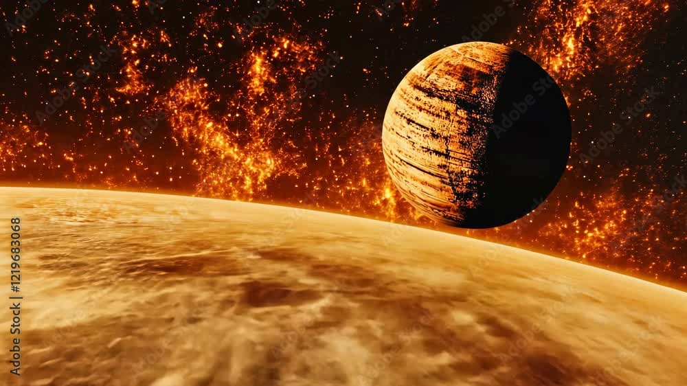 Poster fascinating view of a planet hovering over a landscape of fiery clouds and cosmic phenomena in a dis
