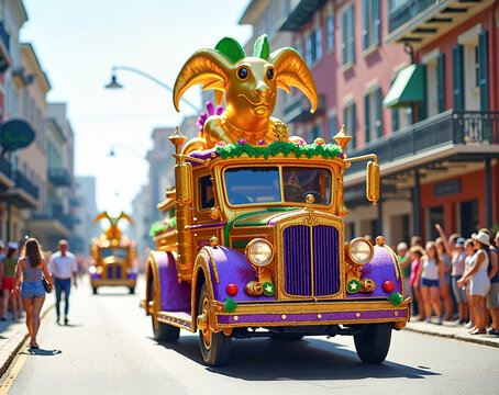 Festive parade float adorned with vibrant decorations driving through downtown street, lively Mardi Gras celebration concept.