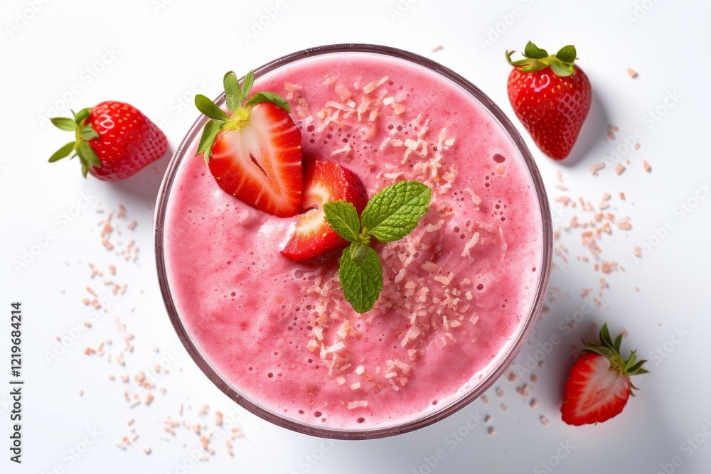 Poster refreshing strawberry smoothie delights with hints of coconut on a sunny day. generative ai