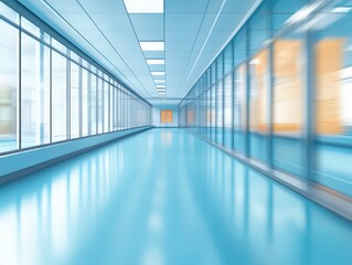 bright modern corridor with blue tones glass windows and motion blur futuristic clean minimalistic design contemporary architecture sleek perspective depth