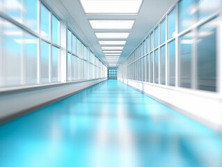 bright modern corridor with blue tones glass windows and motion blur futuristic clean minimalistic design contemporary architecture sleek perspective depth