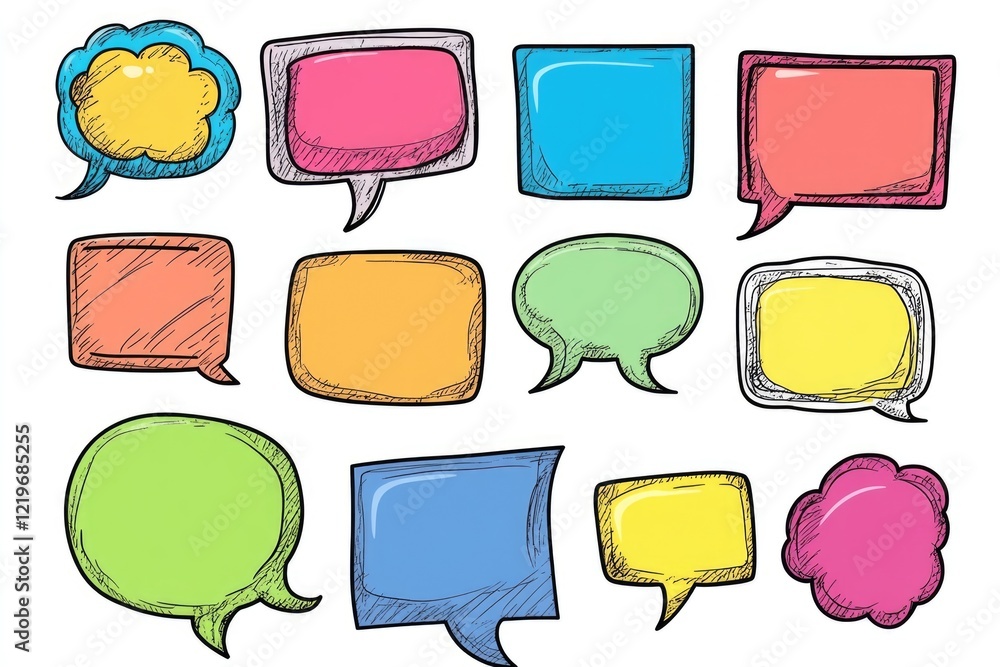 Poster collection of colorful speech bubbles with different fonts and styles
