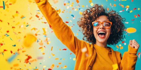 Fundo colorido de carnaval com chuva de papel picado e jovem sorridente comemorando, imagem com espaço para texto e conteúdo
