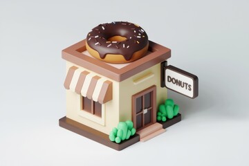 A charming 3D-rendered donut shop with a chocolate donut on top, inviting and whimsical.