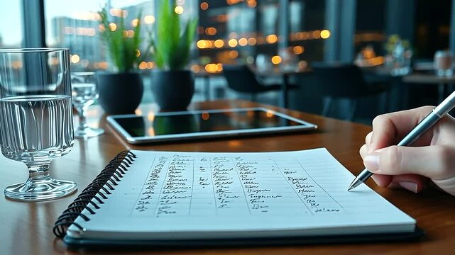A dynamic close-up of a hand organizing notes with bullet points in a spiral notebook, accompanied by a tablet and digital stylus softly blurred behind, capturing a blend of tradit