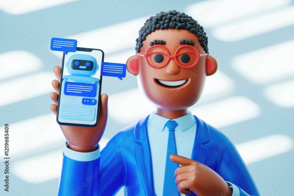 Poster a 3d cartoon businessman presents a smartphone with a chatbot interface, showcasing ai-powered custo