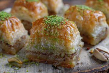 Turkish-style pistachio baklava with a glass of milk.