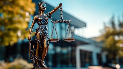 Lady Justice statue in front of a modern courthouse, balancing scales under clear blue sky, symbol of fairness 