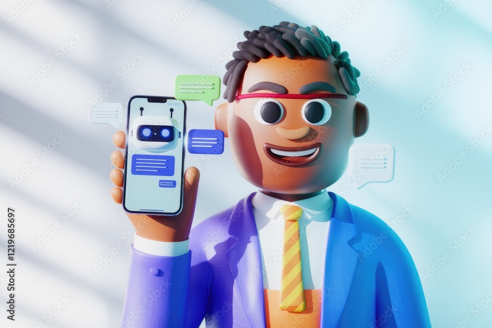 Poster a 3d cartoon businessman proudly displays a smartphone with a chatbot interface.