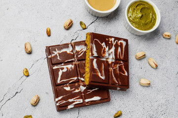 Dubai chocolate bar with pistachio paste and kadaif dough