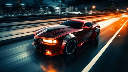 Obraz premium Fast-paced urban night ride in a vibrant red sport car. Generative AI