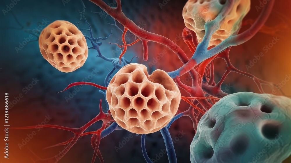 Poster microscopic cellular structures: a detailed 3d rendering of cellular components within a network of 