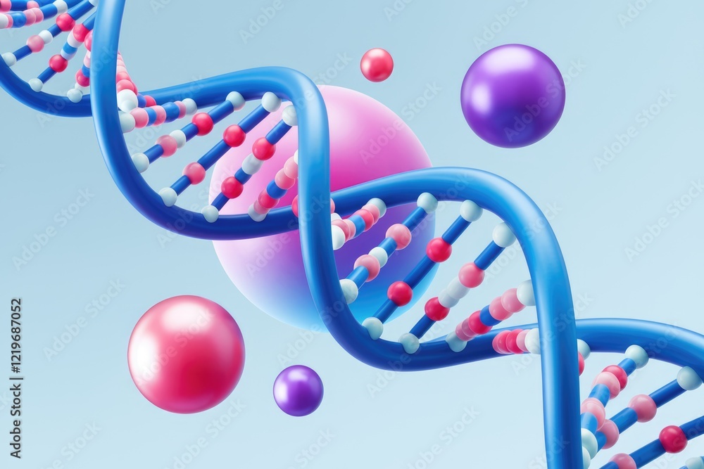 Poster A 3D rendering of a DNA double helix with colorful spheres, illustrating genetic code and molecular biology.