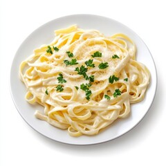 A plate of freshly made fettuccine alfredo with parmesan cheese and parsley, isolated white background, traditional art style