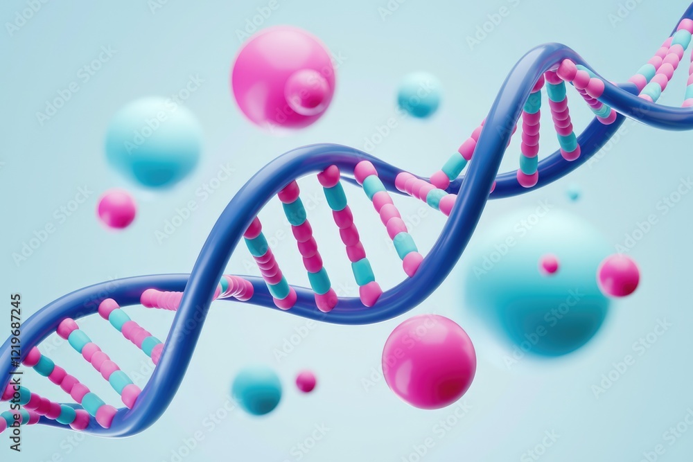 Aufkleber a 3d rendering of a dna double helix structure with pastel-colored spheres, representing genetic cod