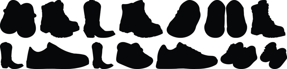Boot silhouettes set, shoe pack of vector silhouette design, isolated background