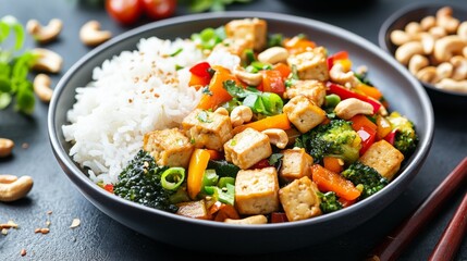 Image of rice and vegetable stir-fry with tofu and cashews in a porcelain bowl, emphasizing crunchy and colorful nature. Ideal for vegetarian meals and Asian cuisine.