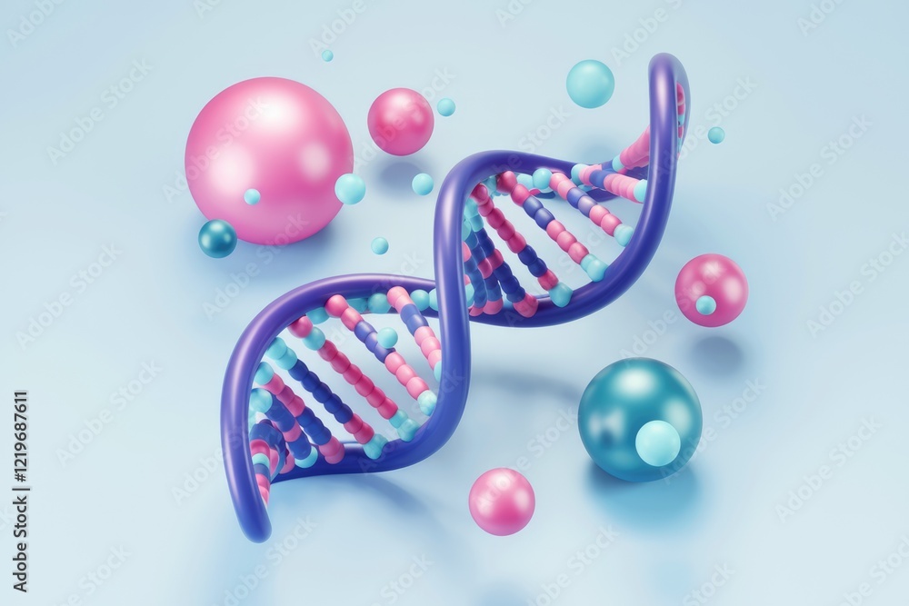 Poster 3d rendered illustration of dna double helix structure with colorful spheres, symbolizing genetic co