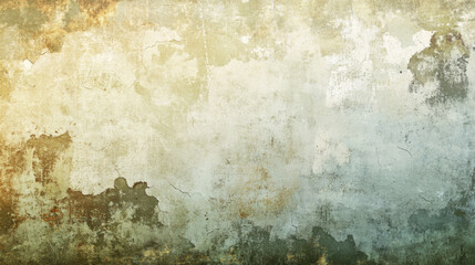 Obraz premium Weathered wall texture featuring peeling paint, cracks, and stains, with a mix of muted earthy tones like beige, brown, and green, creating an aged and rustic appearance