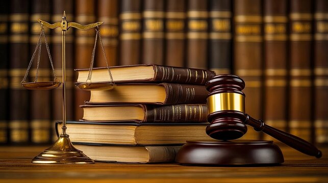 Law books stacked on a wooden desk with a gavel beside them, concept of legal justice and knowledge 
