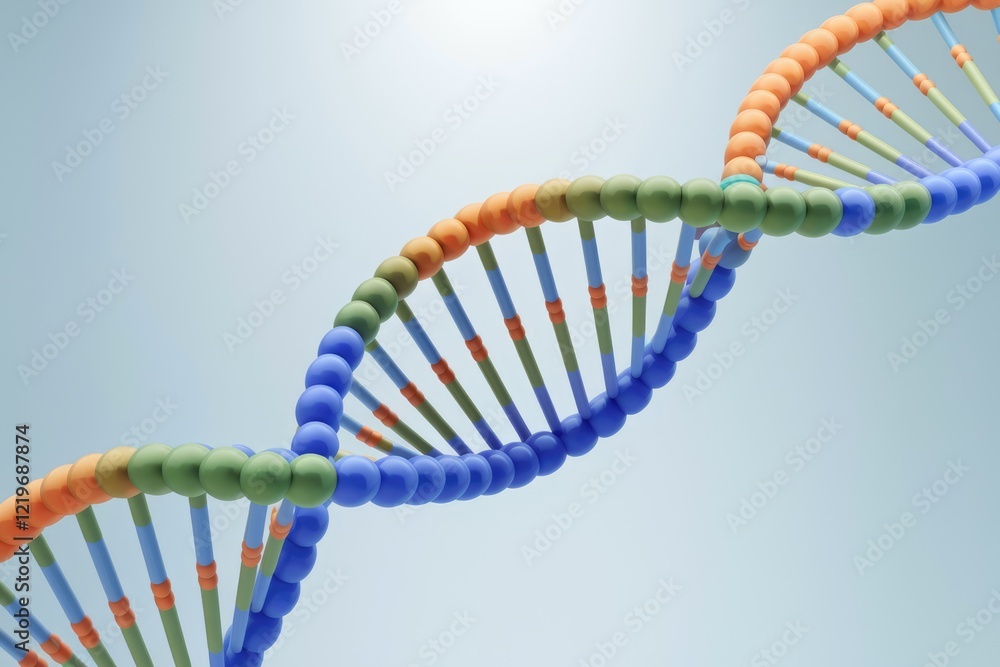 Poster A vibrant 3D model of a DNA double helix, showcasing its structure and genetic code.