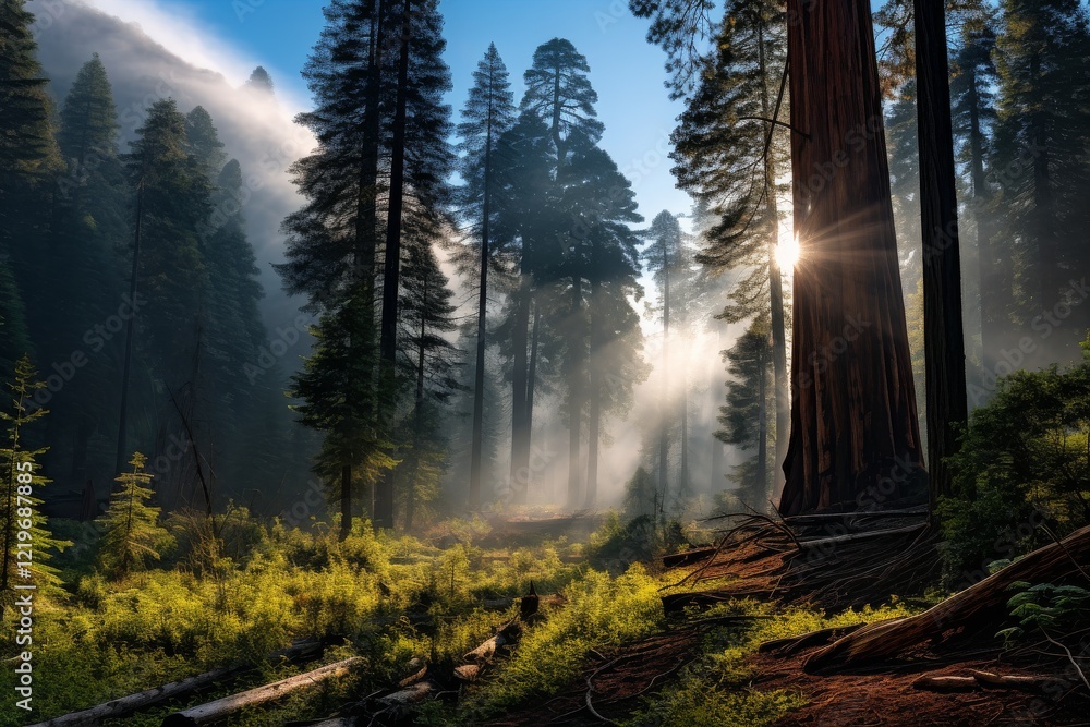 Poster sunlight filters through towering trees in a majestic forest landscape. generative ai