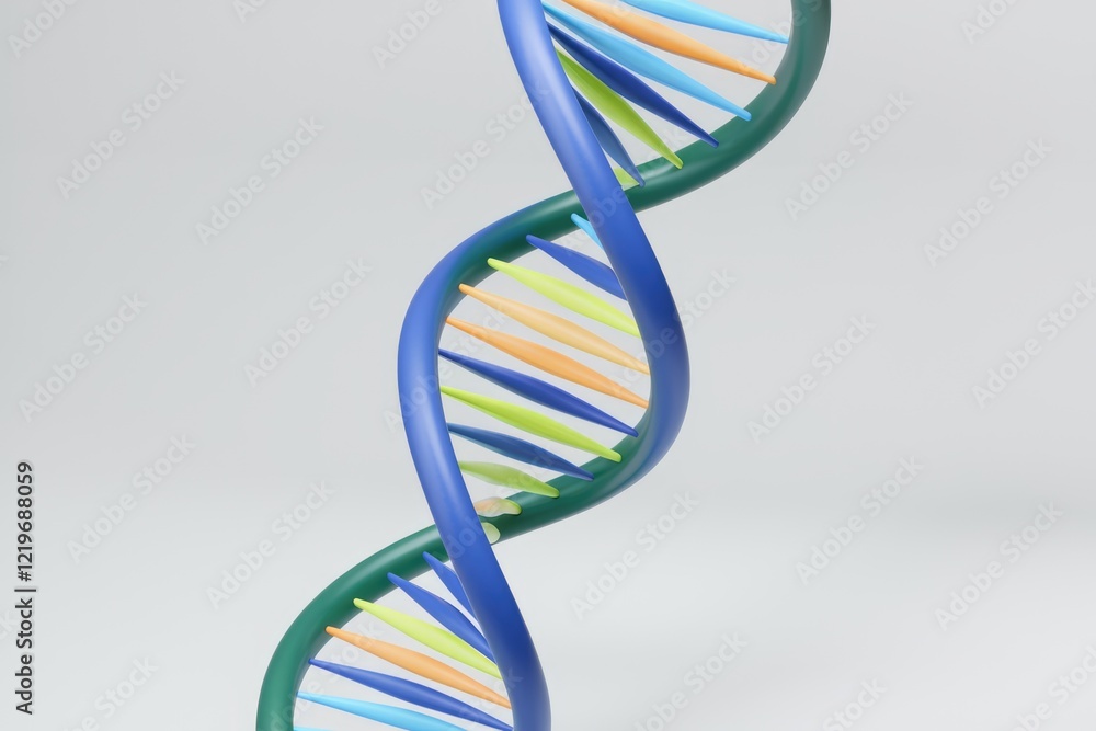 Poster a vibrant 3d model of a dna double helix, showcasing its structure and genetic code.