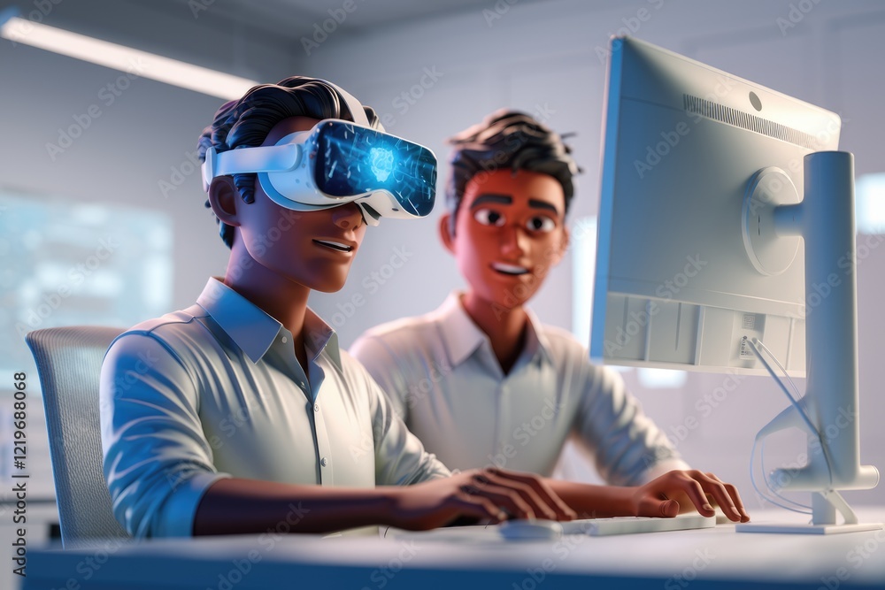 Poster Two cartoon developers collaborate, one using VR tech to visualize code, enhancing teamwork and innovation.