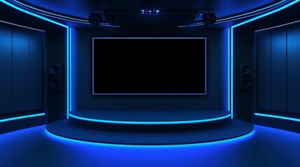 futuristic high-tech studio with glowing blue neon lights, sleek modern stage, virtual presentation space, digital technology background, sci-fi broadcasting setup.