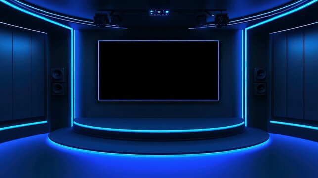 futuristic high-tech studio with glowing blue neon lights, sleek modern stage, virtual presentation space, digital technology background, sci-fi broadcasting setup.