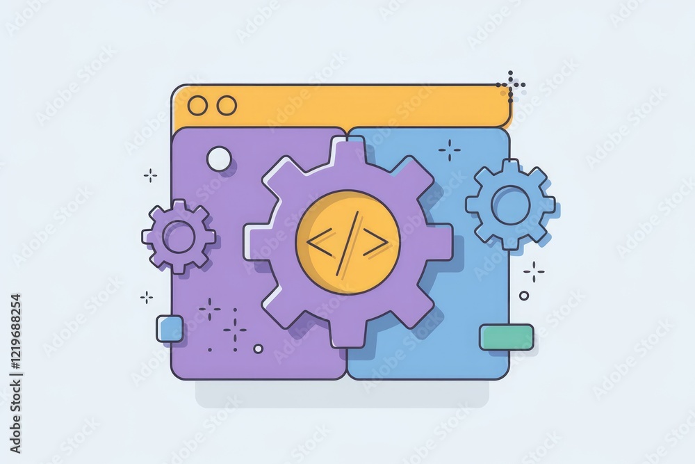 Aufkleber Web development concept illustrated with gears and code symbol, representing the mechanics of building websites.
