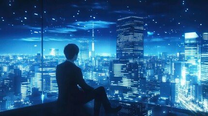 silhouetted businessman overlooking futuristic cyberpunk cityscape, glowing neon lights, digital metropolis, night skyline, sci-fi urban environment, technology-driven future vision.