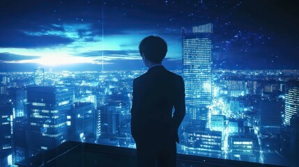 silhouetted businessman overlooking futuristic cyberpunk cityscape, glowing neon lights, digital metropolis, night skyline, sci-fi urban environment, technology-driven future vision.