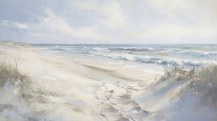 impressionism oil painting with thick impasto brush strokes of waves on a sandy beautiful beach with puffy clouds. using muted browns, blues, and white. 